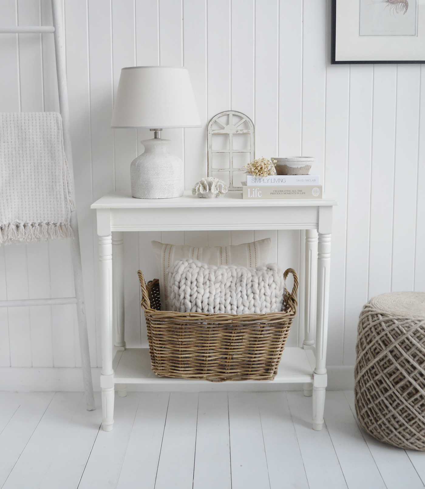 Layered neutral interiors feel warm and inviting when natural wood, rattan and linen textures are introduced.