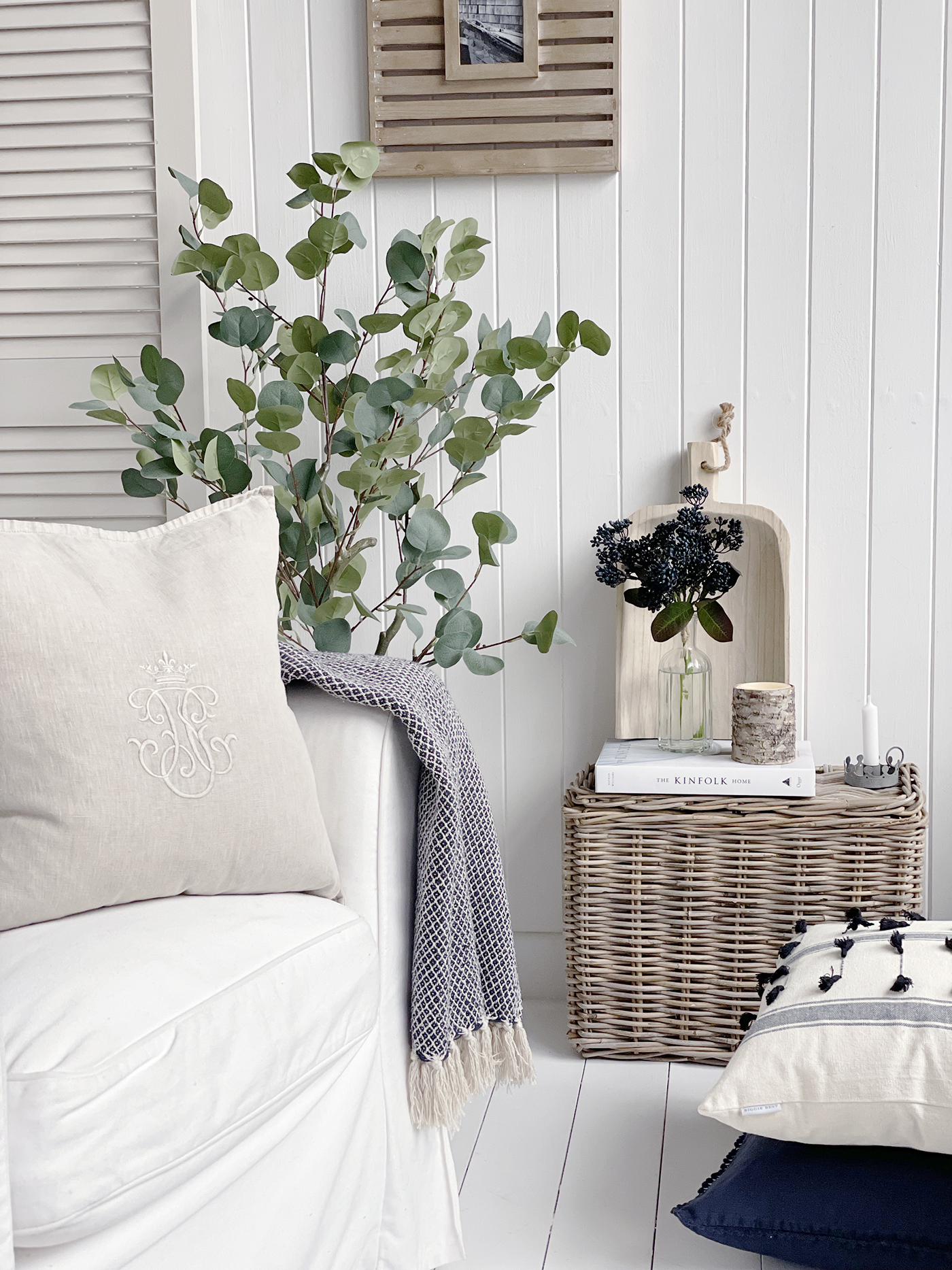 Texture and greenery in this New England inspired living room