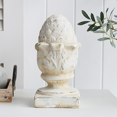 Standing Pinecones in aged cream stone for New England, city Country and coastal home interior decor. Shelf, console and coffee table styling