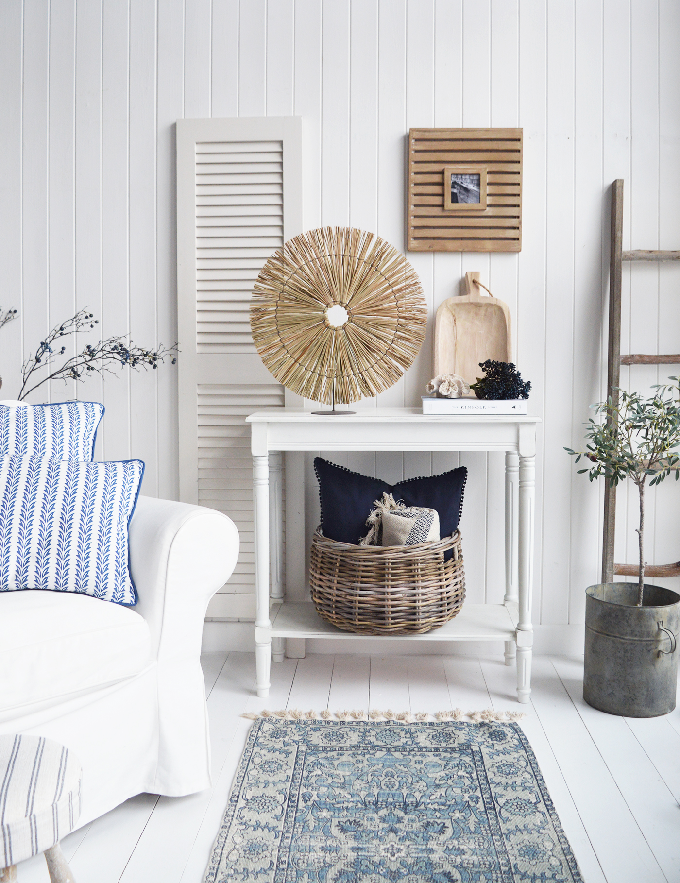 Cape Ann white console table with shelf for New England coastal , modern farmhouse and country styled interiors