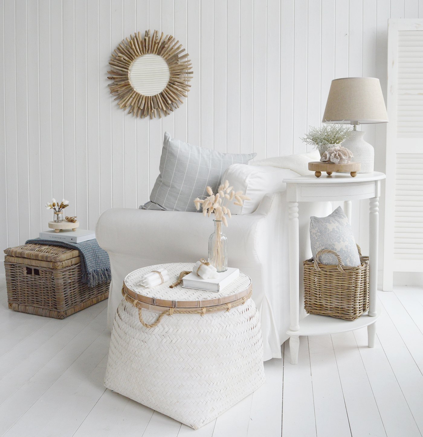New England white coastal furniture for a beach house Hamptons look with the driftwood mirror, white Cape Ann half moon console table, Nantucket basket table, Seaside coffee table and coastal home accessories