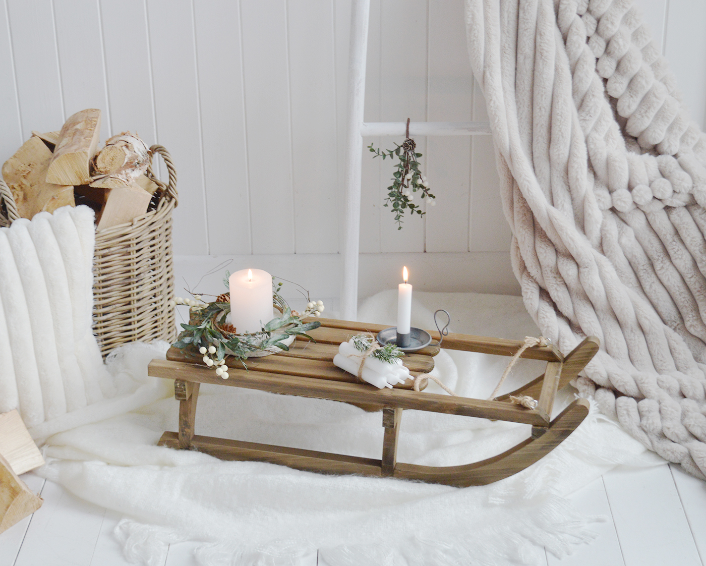 Wooden Sleigh for New England Christmas decorations, shown her with our white berries winter wreath and candles for an timeless Christmas style in coastal and modern farmhouse homes