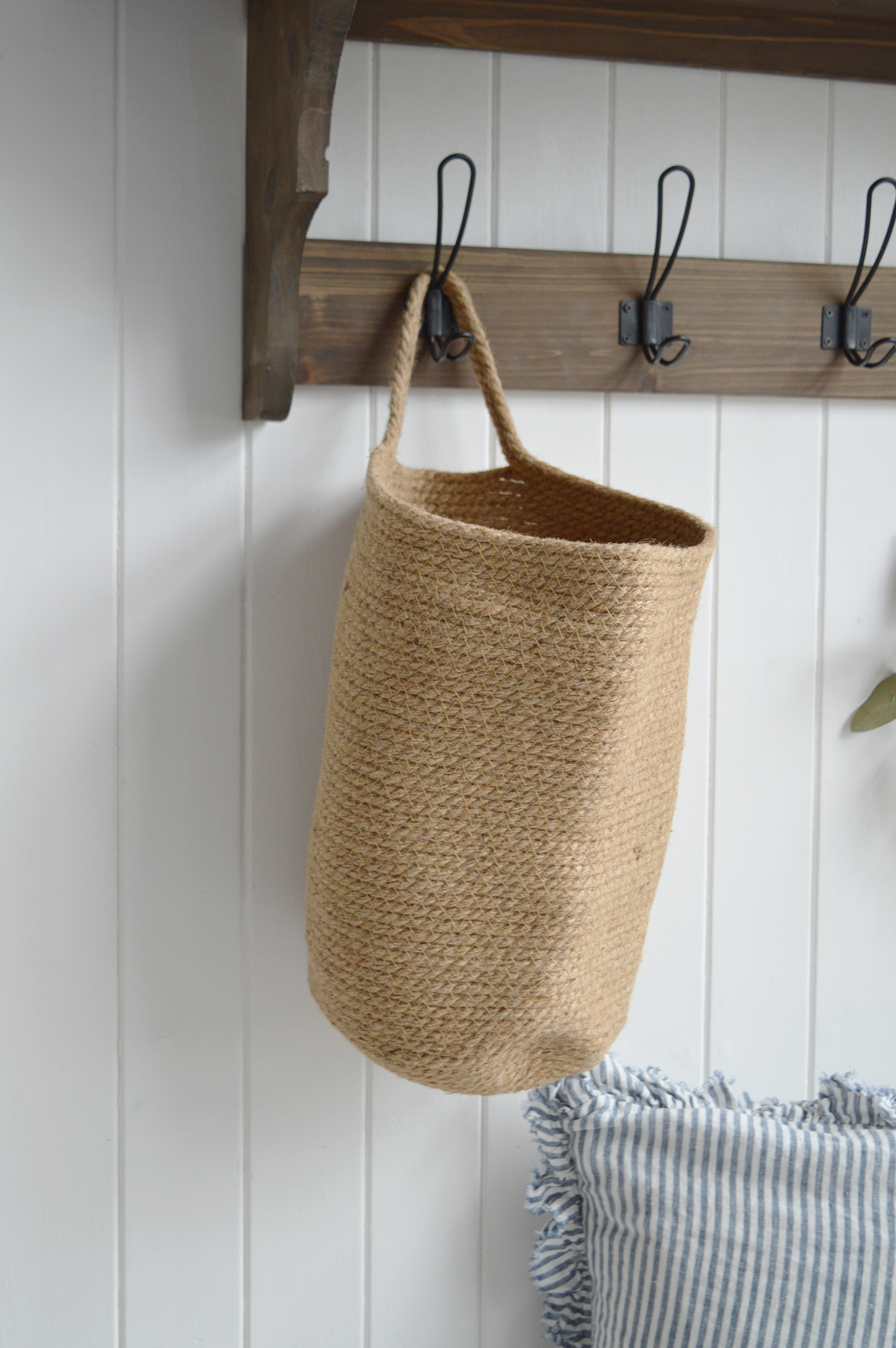 Natural coastal decor with woven textures and soft blue accents