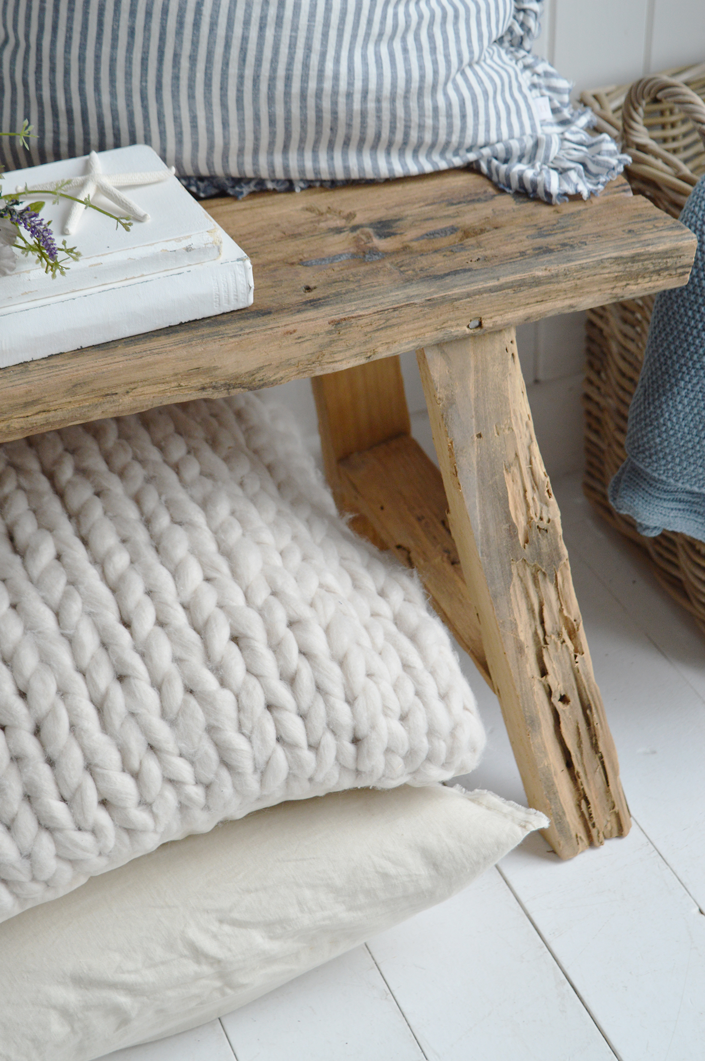 Relaxed beachy aesthetic with layered whites and sea-inspired details