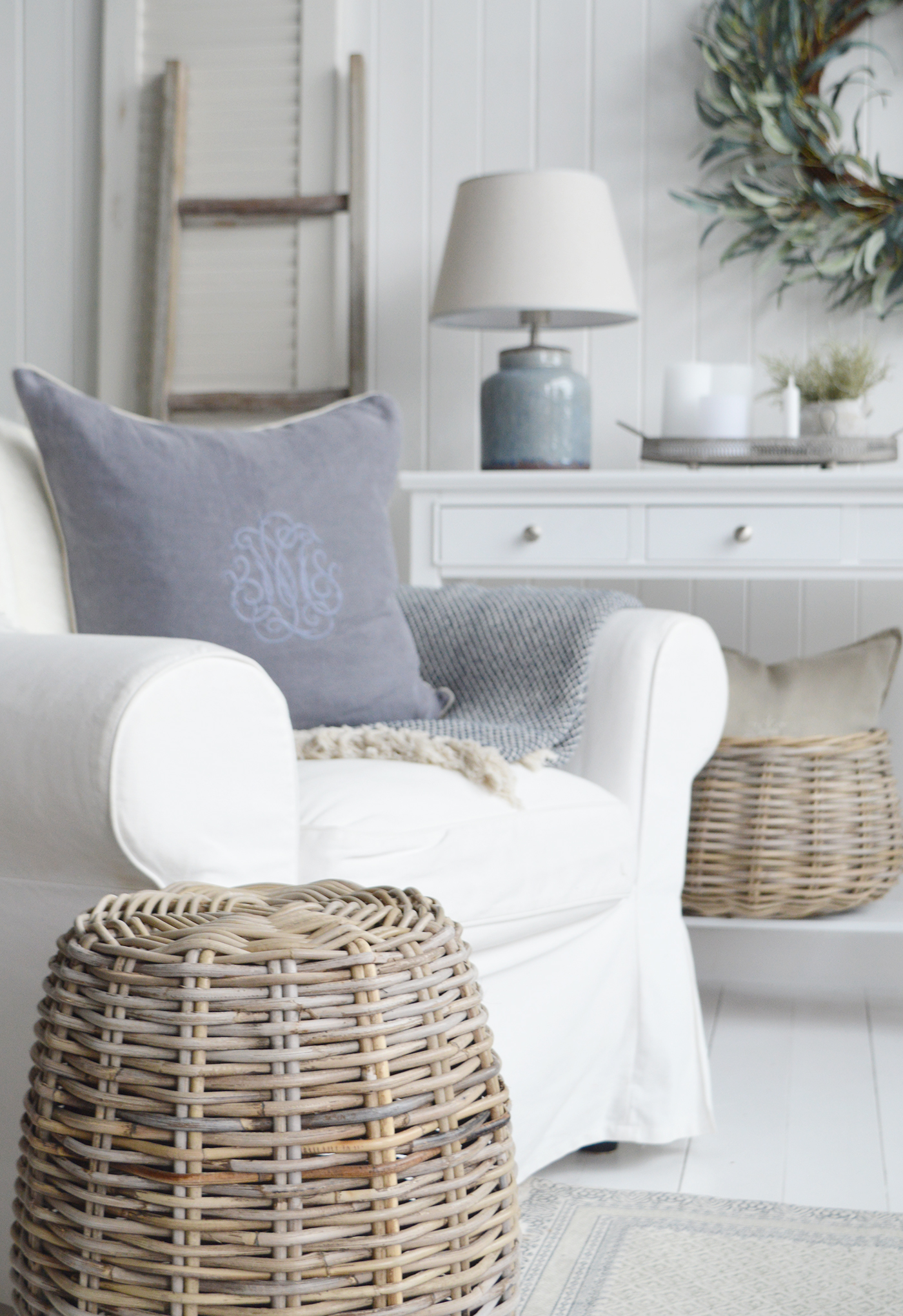 New England coastal and Modern farmhouse furniture and interiors. The Casco Bay stool with white furniture