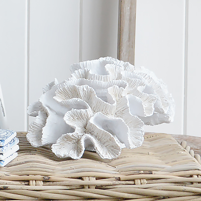 Decorative White Coral - Coffee Table Decor Elegant Coastal New England from The White Lighthouse Home. White Furniture and home decor accessories for the home interiors. New england interiors for luxury coastal home interiors