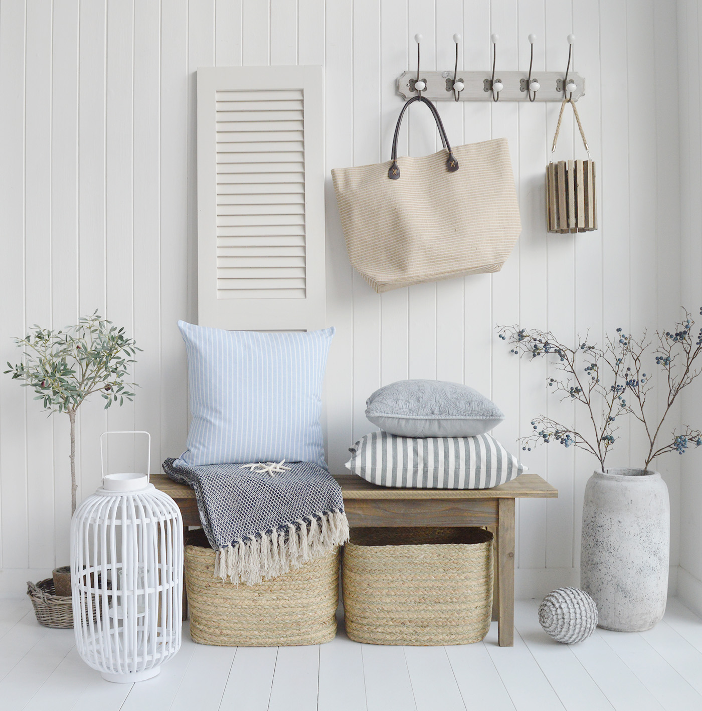 Rustic Pawtucket Hallway Bench with New England style cushions for coastal furniture