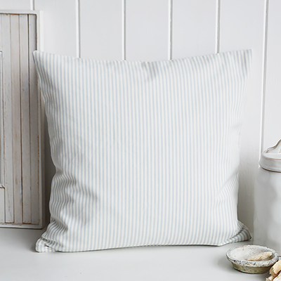 The White Lighthouse. Pale Blue pin stripe cushion Cover. New England and White Home Interiors and furniture