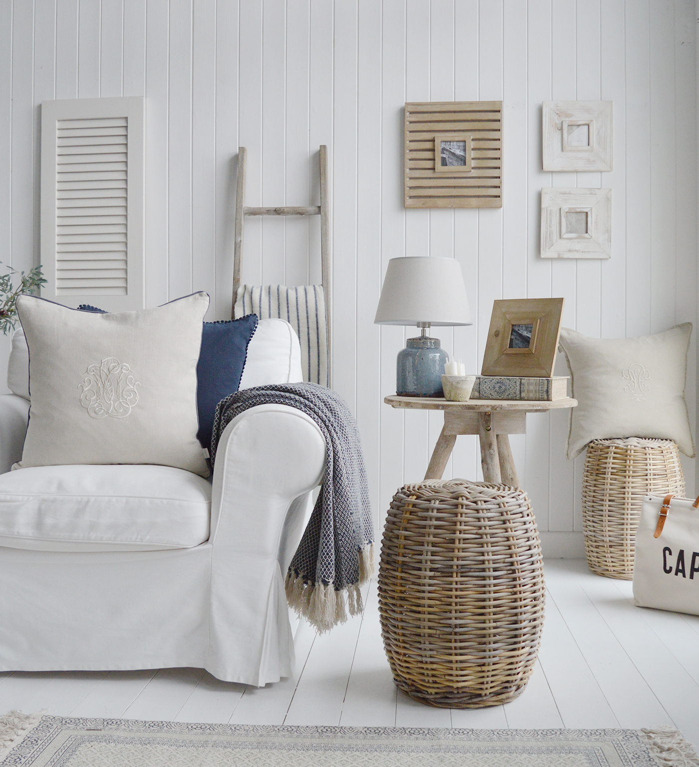 New England living room interior decor for modern coastal, country and coastal styled homes from The White Lighthouse UK