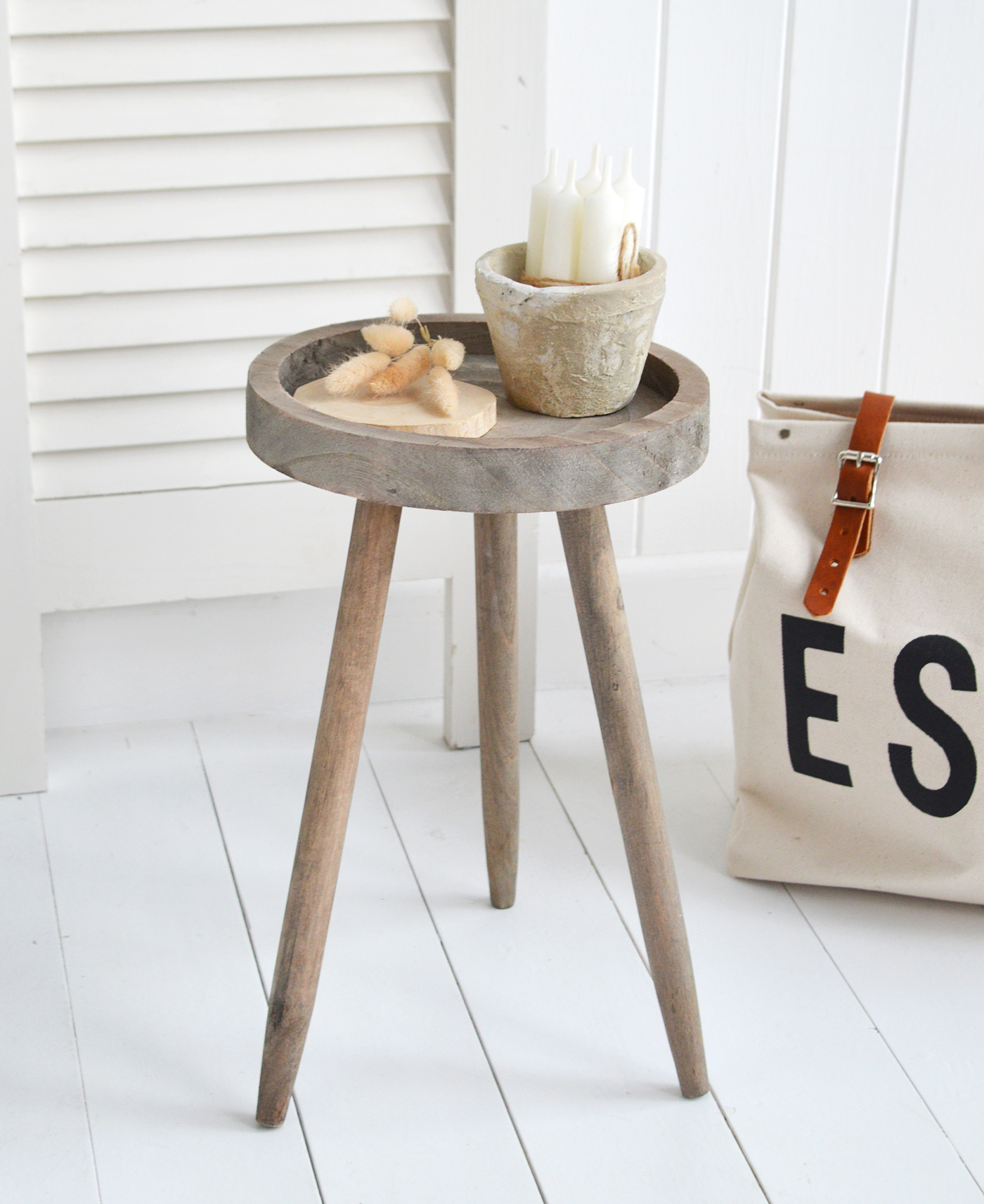 Pawtucket Grey Round Wooden Stool Side Table - Coastal, Country Furniture