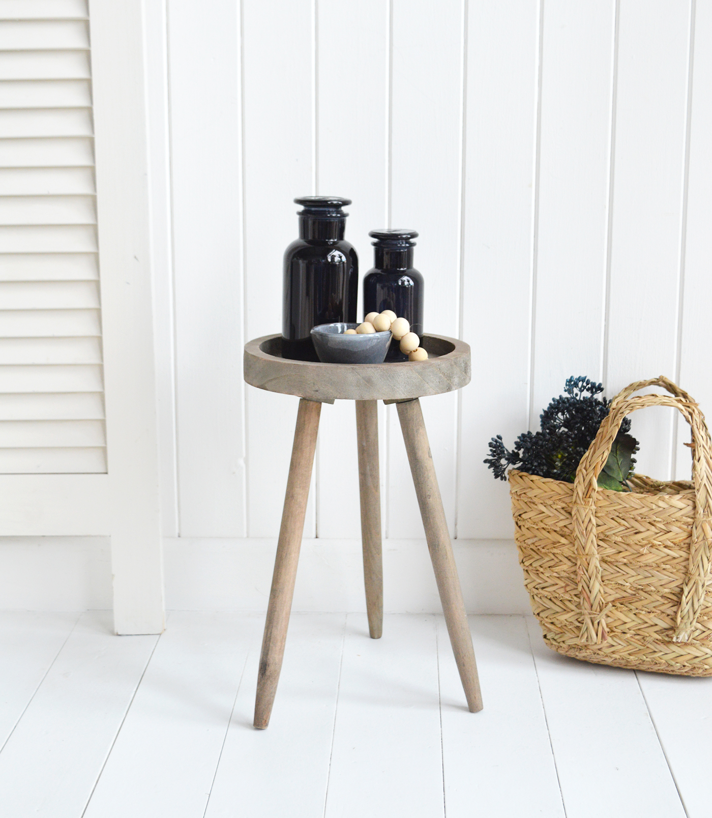 Pawtucket Grey Round Wooden Stool Side Table - Coastal, Country Furniture