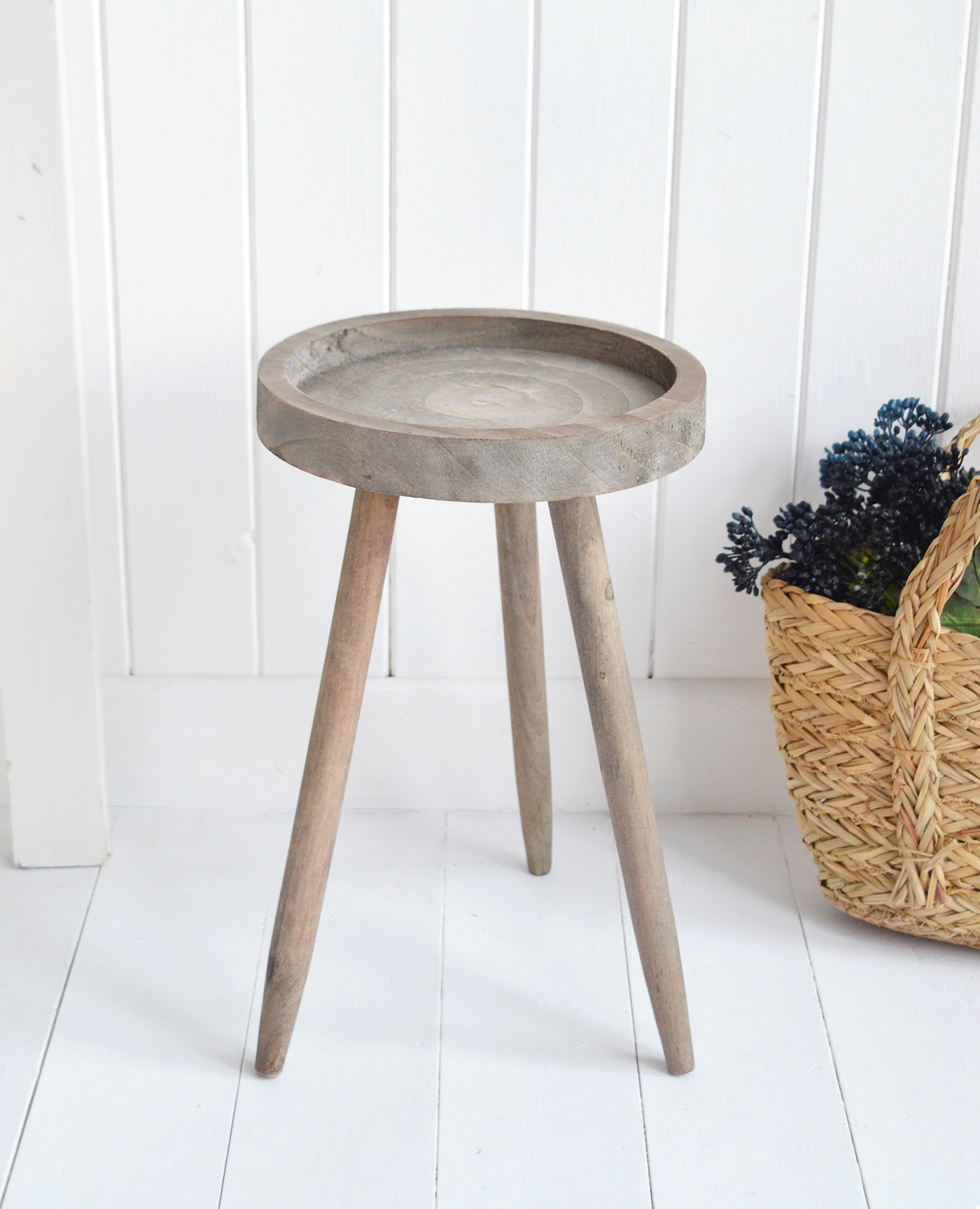 Pawtucket Grey Round Wooden Stool Side Table - Coastal, Country Furniture