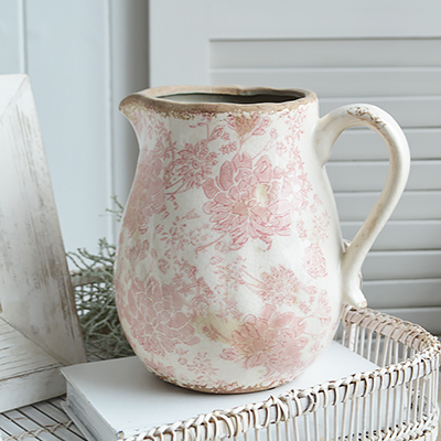Tolland vintage pink ceramics for New England, farmhouse,  Country and coastal homes and interior decor to complement New England furniture - large jug