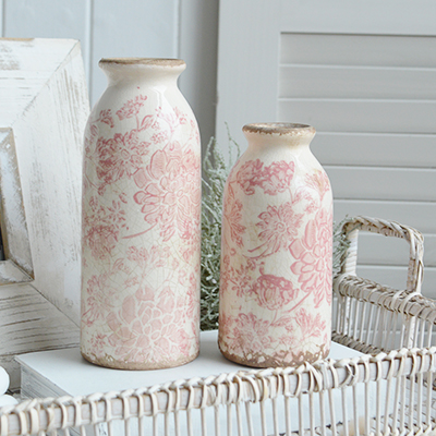 Tolland vintage pink ceramics for New England, farmhouse,  Country and coastal homes and interior decor to complement New England furniture - Bottles or vases in 2 sizes