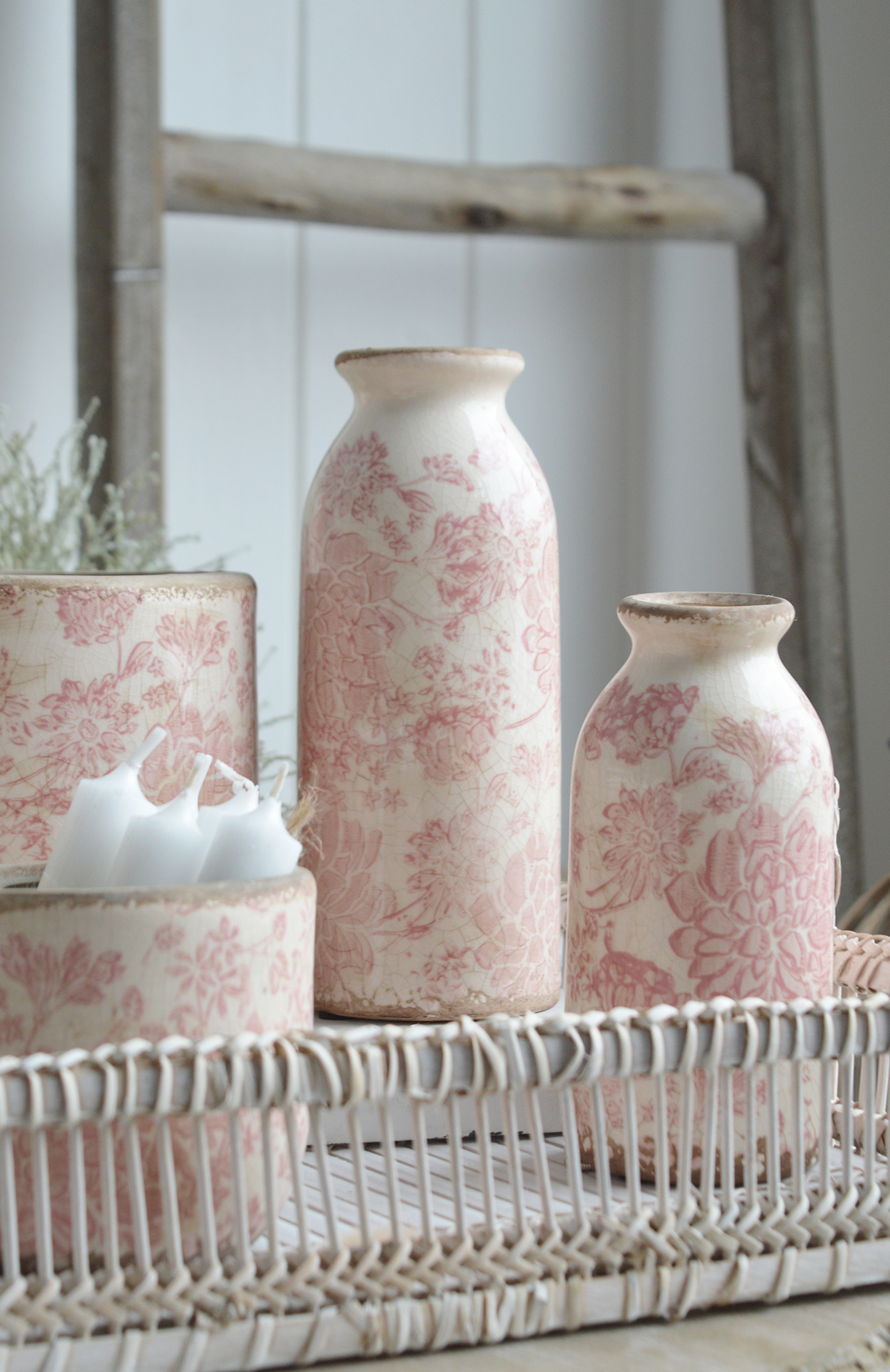 Tolland vintage pink ceramics for New England, farmhouse,  Country and coastal homes and interior decor to complement New England furniture