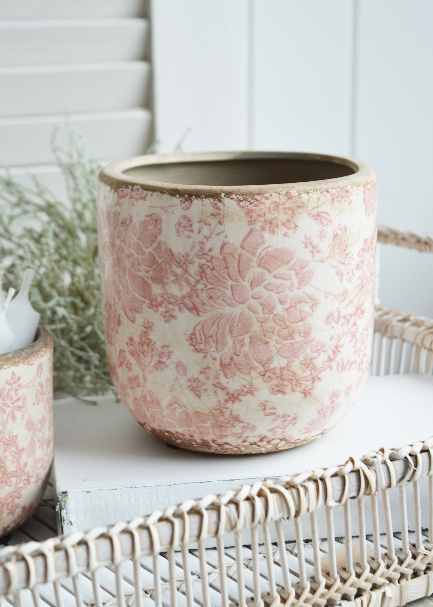 Tolland vintage pink ceramics for New England, farmhouse,  Country and coastal homes and interior decor to complement New England furniture - plant pots in 2 sizes