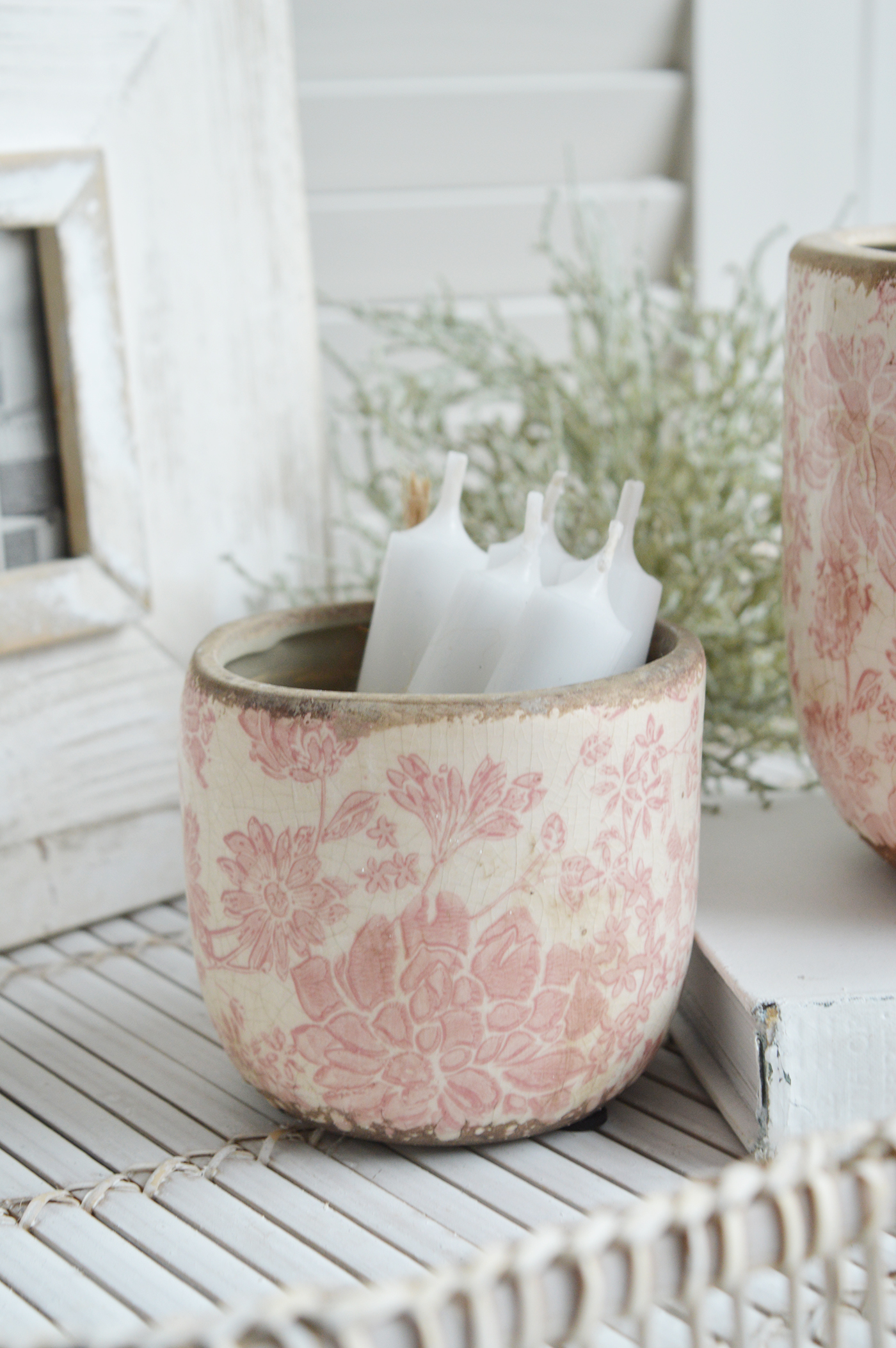 Tolland vintage pink ceramics for New England, farmhouse,  Country and coastal homes and interior decor to complement New England furniture - plant pots in 2 sizes