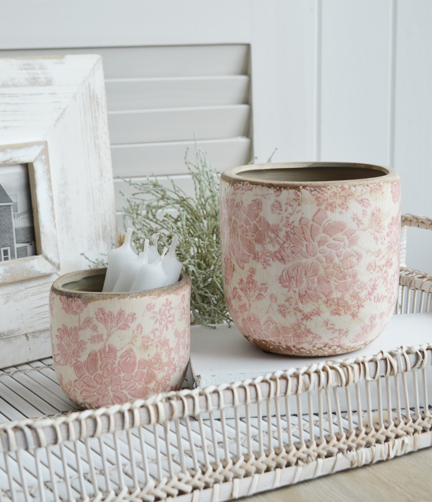 Tolland vintage pink ceramics for New England, farmhouse,  Country and coastal homes and interior decor to complement New England furniture - plant pots in 2 sizes