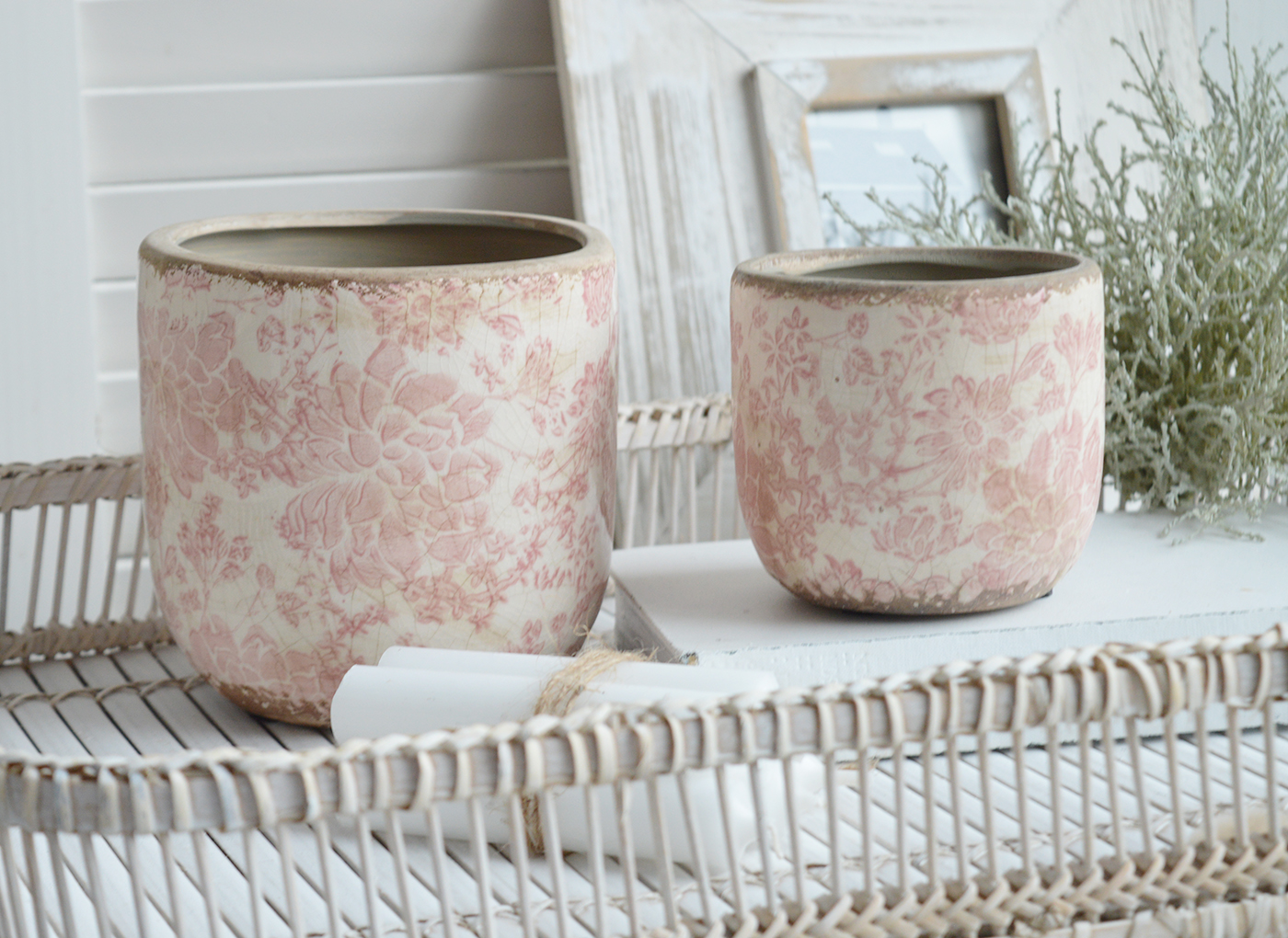 Tolland vintage pink ceramics for New England, farmhouse,  Country and coastal homes and interior decor to complement New England furniture - plant pots in 2 sizes
