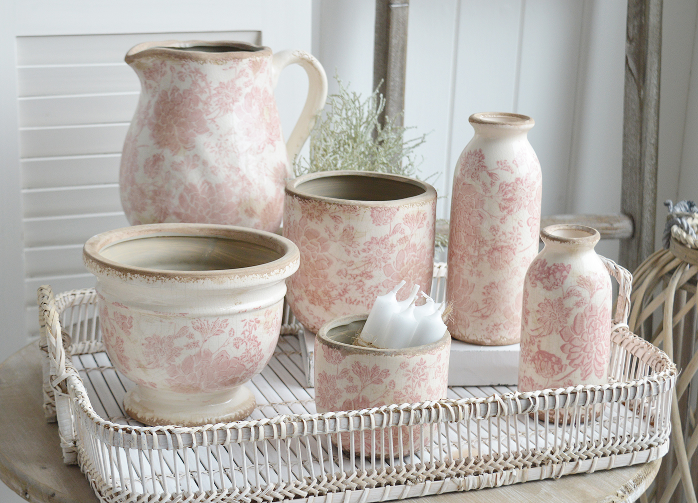 Tolland vintage pink ceramics for New England, farmhouse,  Country and coastal homes and interior decor to complement New England furniture