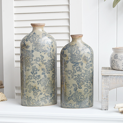 Buttonwood navy and French Grey ceramic tall vases available in 2 sizes from The White Lighthouse Furniture and Home Interiors for New England, country, coastal and city homes for hallway, living room, bedroom and bathroom