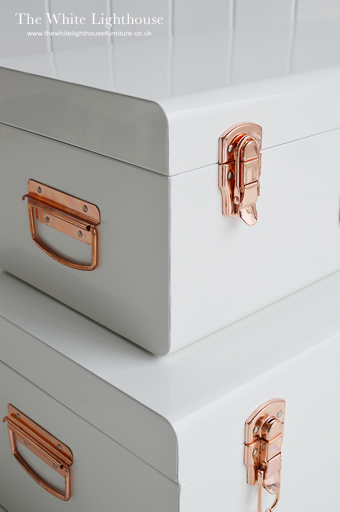 Nantucket white trunks from The White Lighthouse New England Furniture