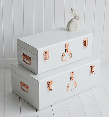 Nantucket white trunks from The White Lighthouse hallway Furniture
