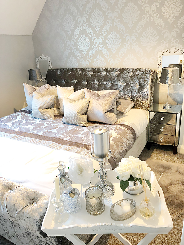The White Butler Tray in bedroom with flowers and Dressing table accessories