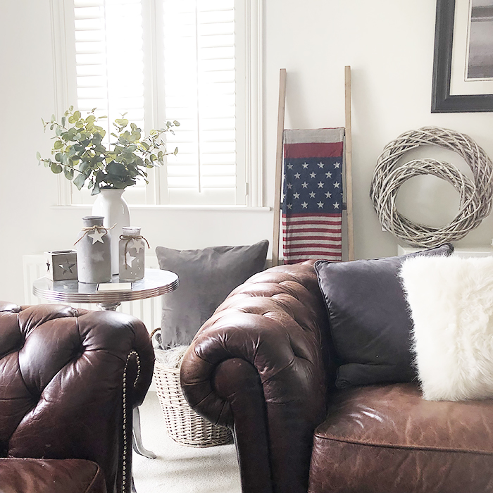 Driftwood  blanket ladder in New Engladn inspired living room