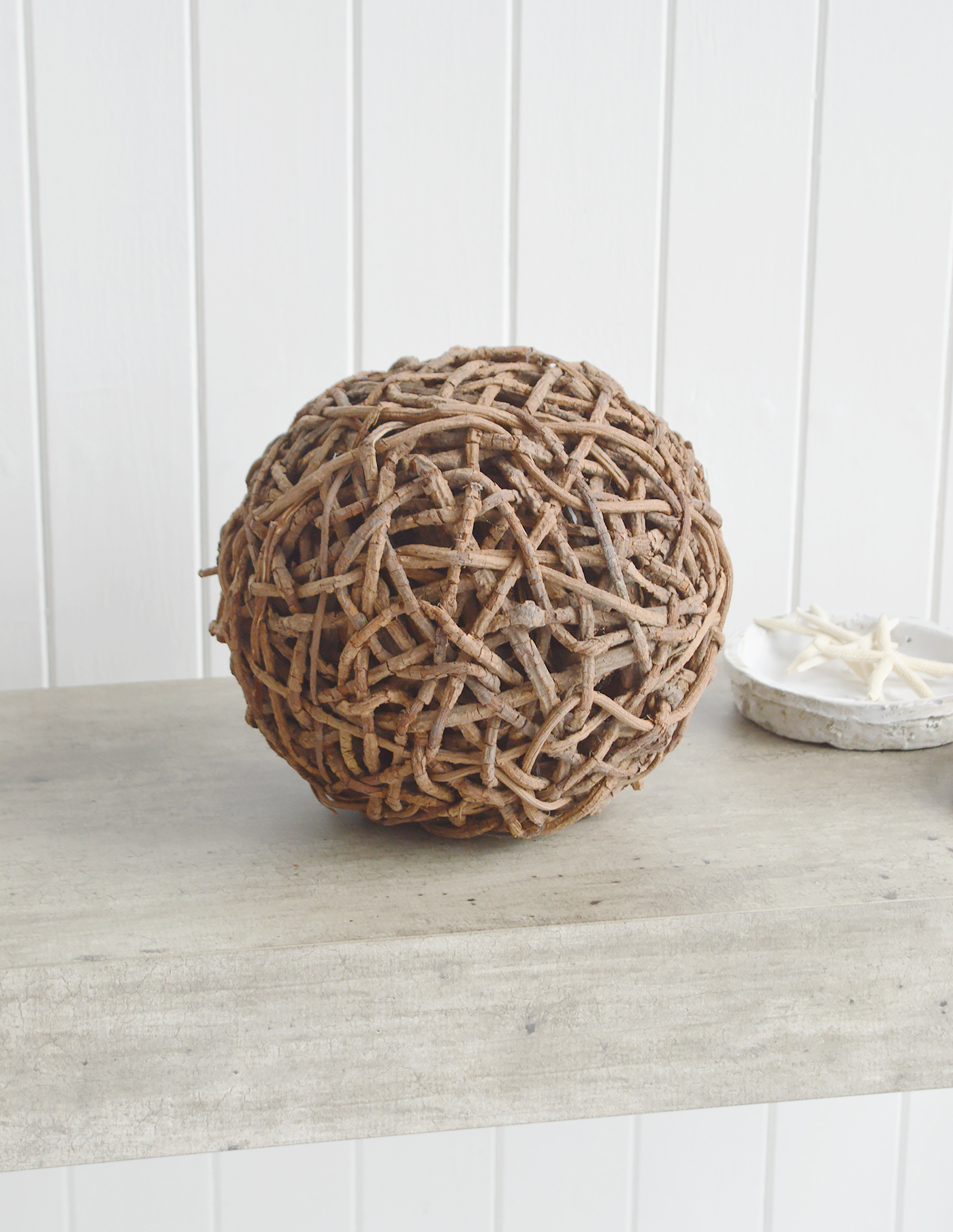 White Furniture and accessories for the home. Twine Ball  - Coffee Table, Shelf and Console styling for New England, Country Farmhouse and coastal home interior decor