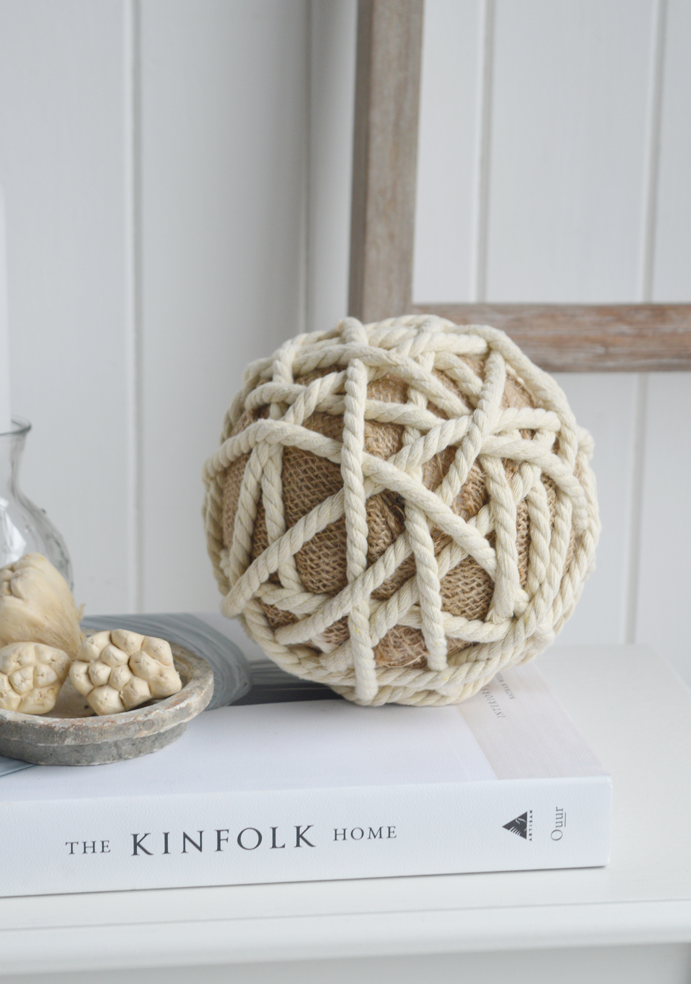 White Furniture and accessories for the home. Rope Ball  - Coffee Table, Shelf and Console styling for New England, Country Farmhouse and coastal home interior decor