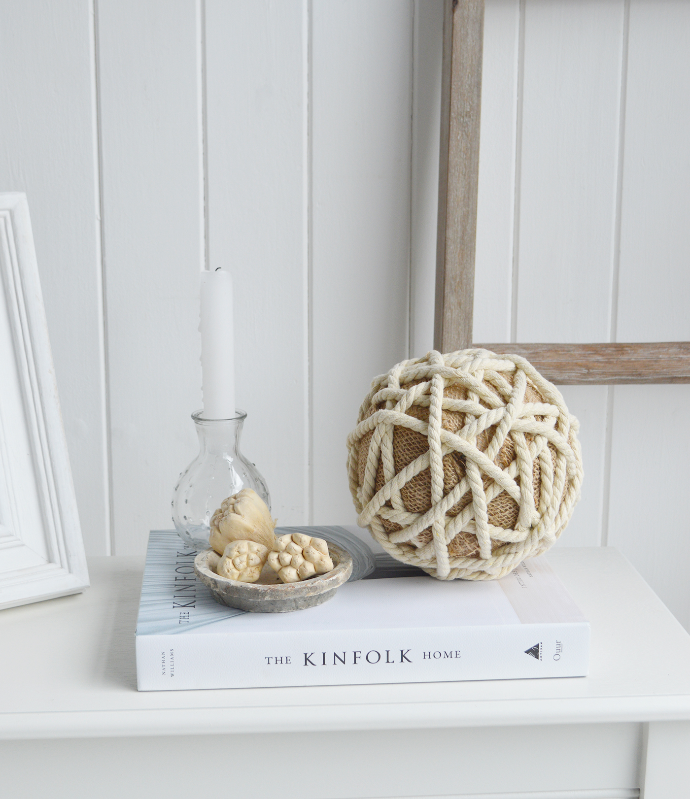 White Furniture and accessories for the home. Rope Ball  - Coffee Table, Shelf and Console styling for New England, Country Farmhouse and coastal home interior decor
