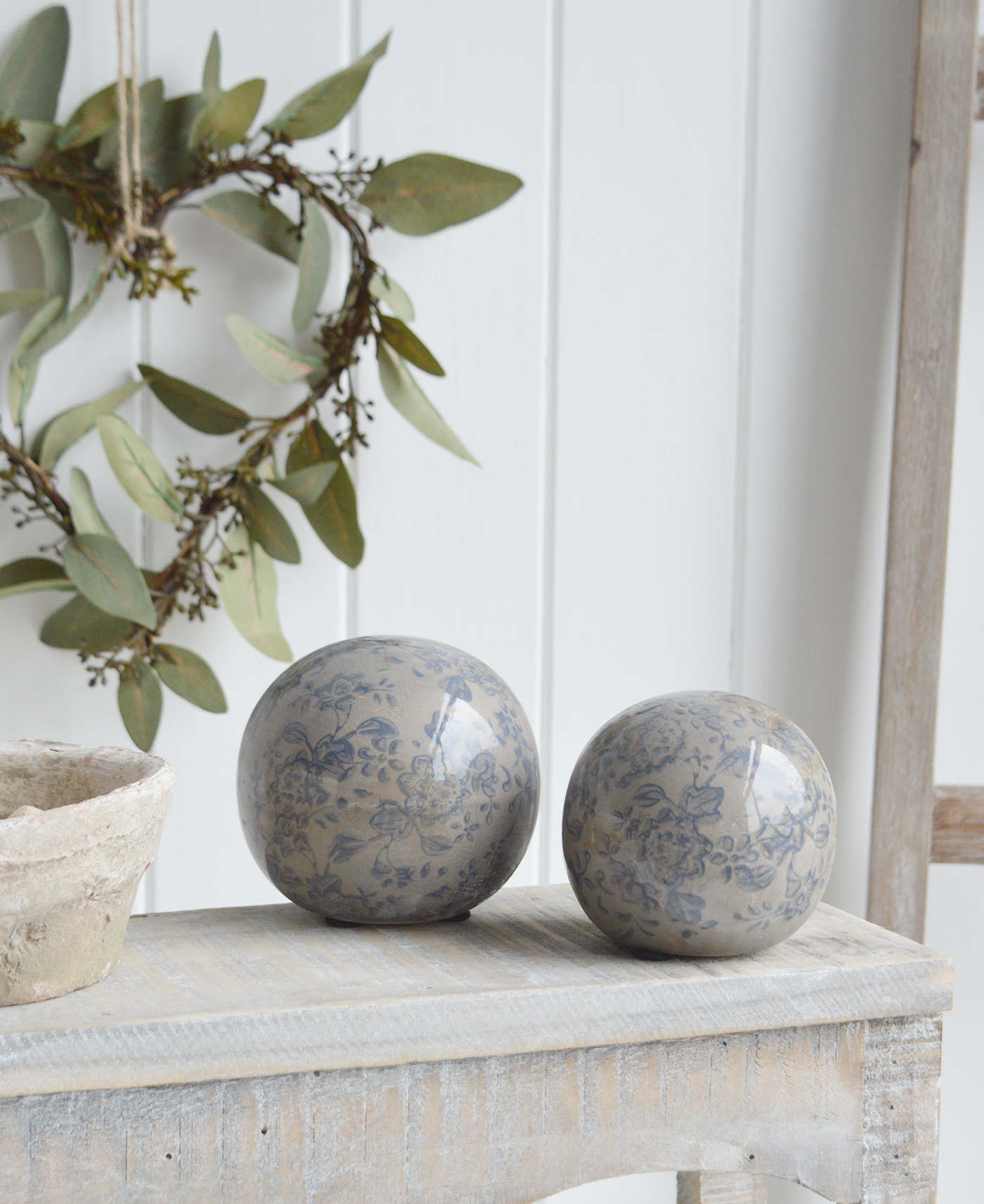 White Furniture and accessories for the home. Buttonwood Ceramic Decorative Balls for New England, modern farmhouse city Country and coastal home interior decor