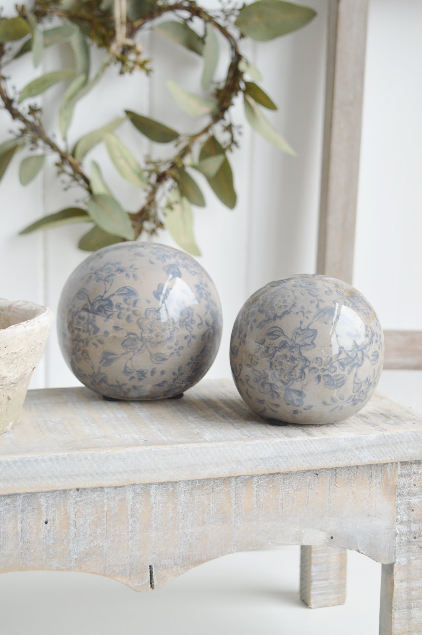 White Furniture and accessories for the home. Buttonwood Ceramic Decorative Balls for New England, modern farmhouse city Country and coastal home interior decor