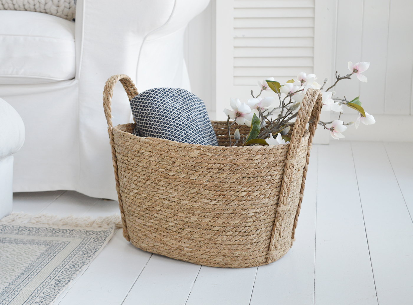 Fall River basket in seagrass with handles for logs, toys and everyday storage from The White Lighthouse Furniture and Home Interiors for New England, modern farmhouse country, coastal and city homes for hallway, living room, bedroom and bathroom