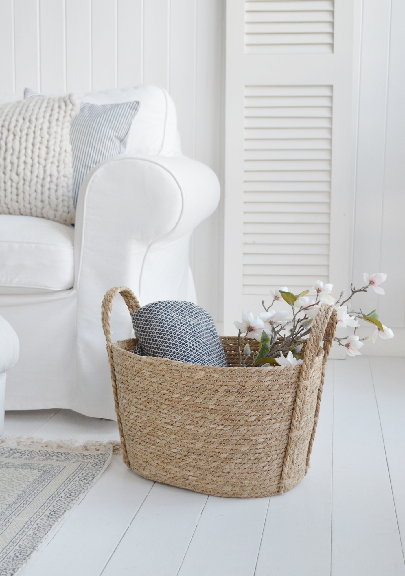 Fall River basket in seagrass with handles for logs, toys and everyday storage from The White Lighthouse Furniture and Home Interiors for New England, modern farmhouse country, coastal and city homes for hallway, living room, bedroom and bathroom