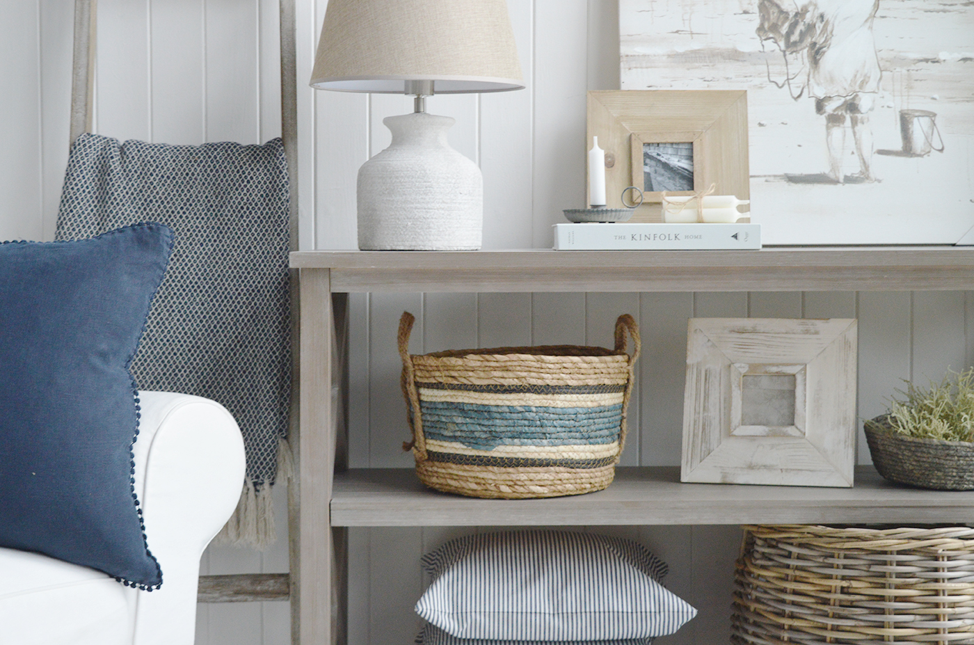 The Princeton basket with blue stripes for a coastal inspired interior. New England furniture for all modern farmhouse, country and coastal homes from The White Lighthouse