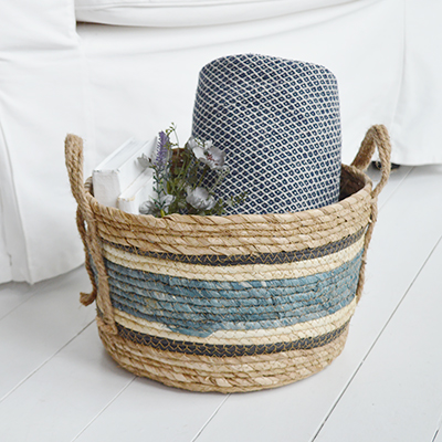 The Princeton basket with blue stripes for a coastal inspired interior. New England furniture for all modern farmhouse, country and coastal homes from The White Lighthouse