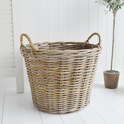 Casco Bay Grey basketware Willow  large log blanket basket for cosy New England coastal and modern farmhouse interiors