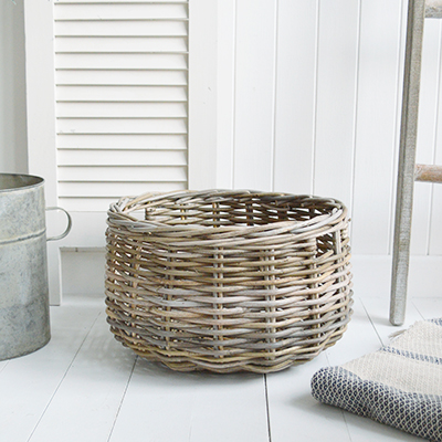 Casco Bay grey willow round basket with handles for logs, toys and everyday storage from The White Lighthouse Furniture and Home Interiors for New England, country, coastal and city homes for hallway, living room, bedroom and bathroom