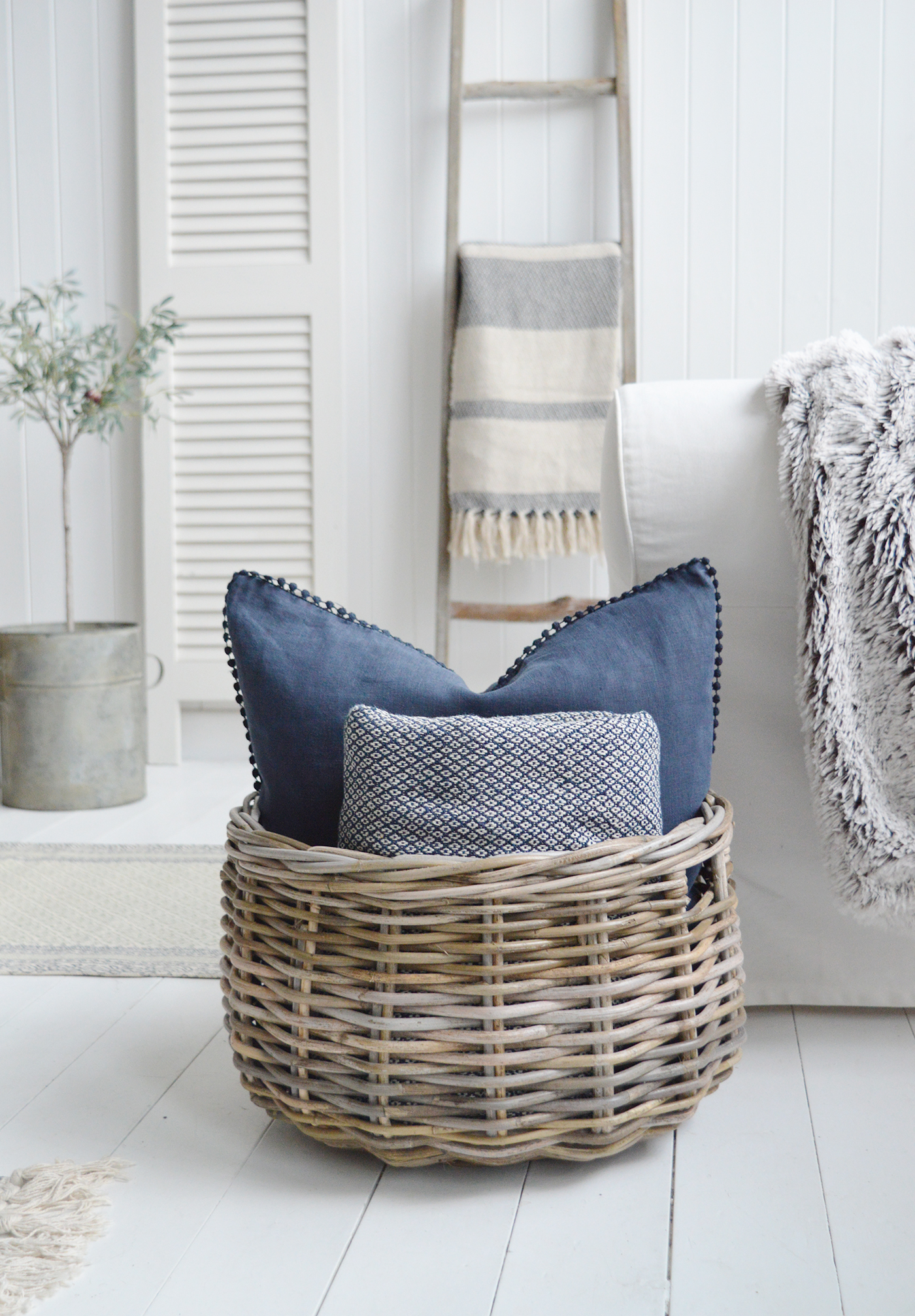 Casco Bay grey willow round basket with handles for logs, toys and everyday storage from The White Lighthouse Furniture and Home Interiors for New England, country, coastal and city homes for hallway, living room, bedroom and bathroom