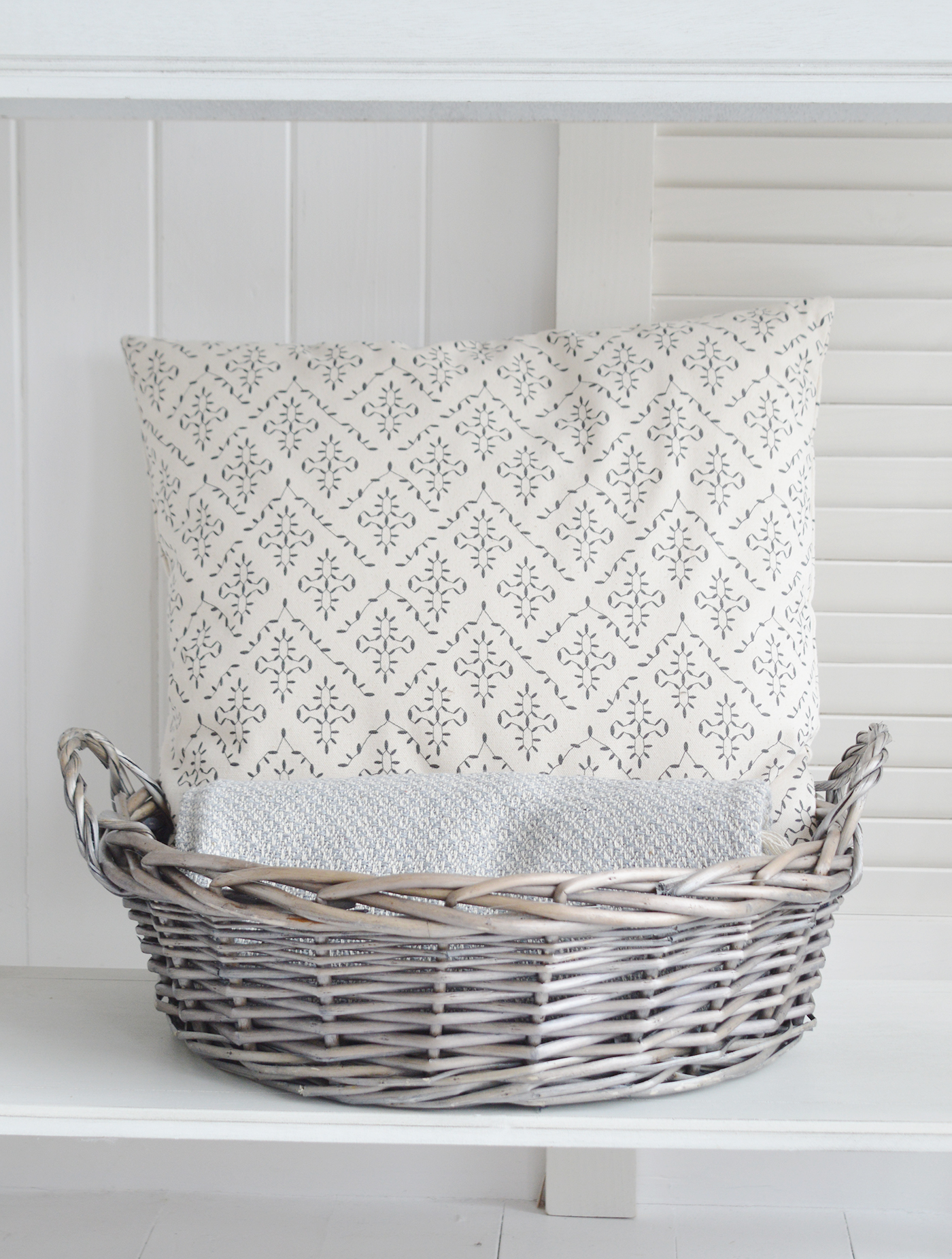 Harrow  large display tray basket from The White Lighthouse Furniture. New England, country, coastal, farmhouse city and whie home interiors. Hallway, Bedroom , Bathroom and living room