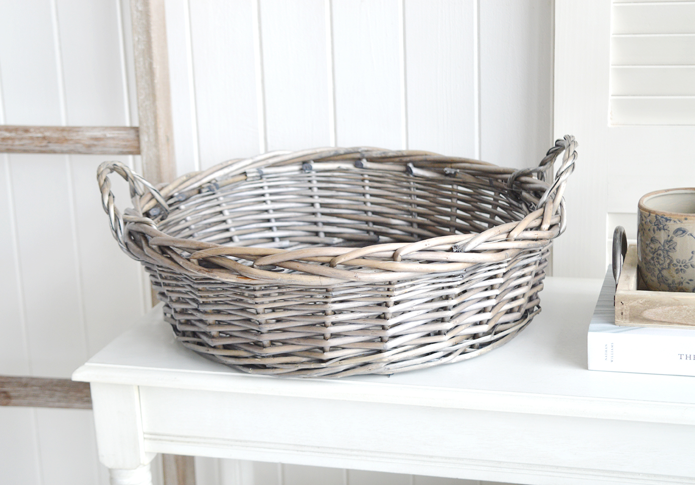Harrow  large display tray basket from The White Lighthouse Furniture. New England, country, coastal, farmhouse city and whie home interiors. Hallway, Bedroom , Bathroom and living room