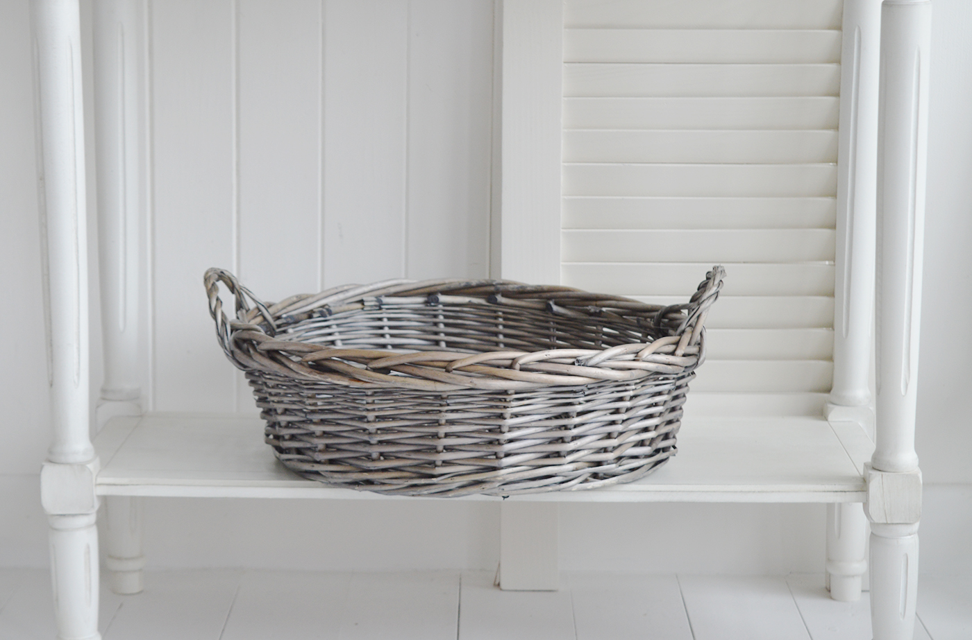 Harrow  large display tray basket from The White Lighthouse Furniture. New England, country, coastal, farmhouse city and whie home interiors. Hallway, Bedroom , Bathroom and living room