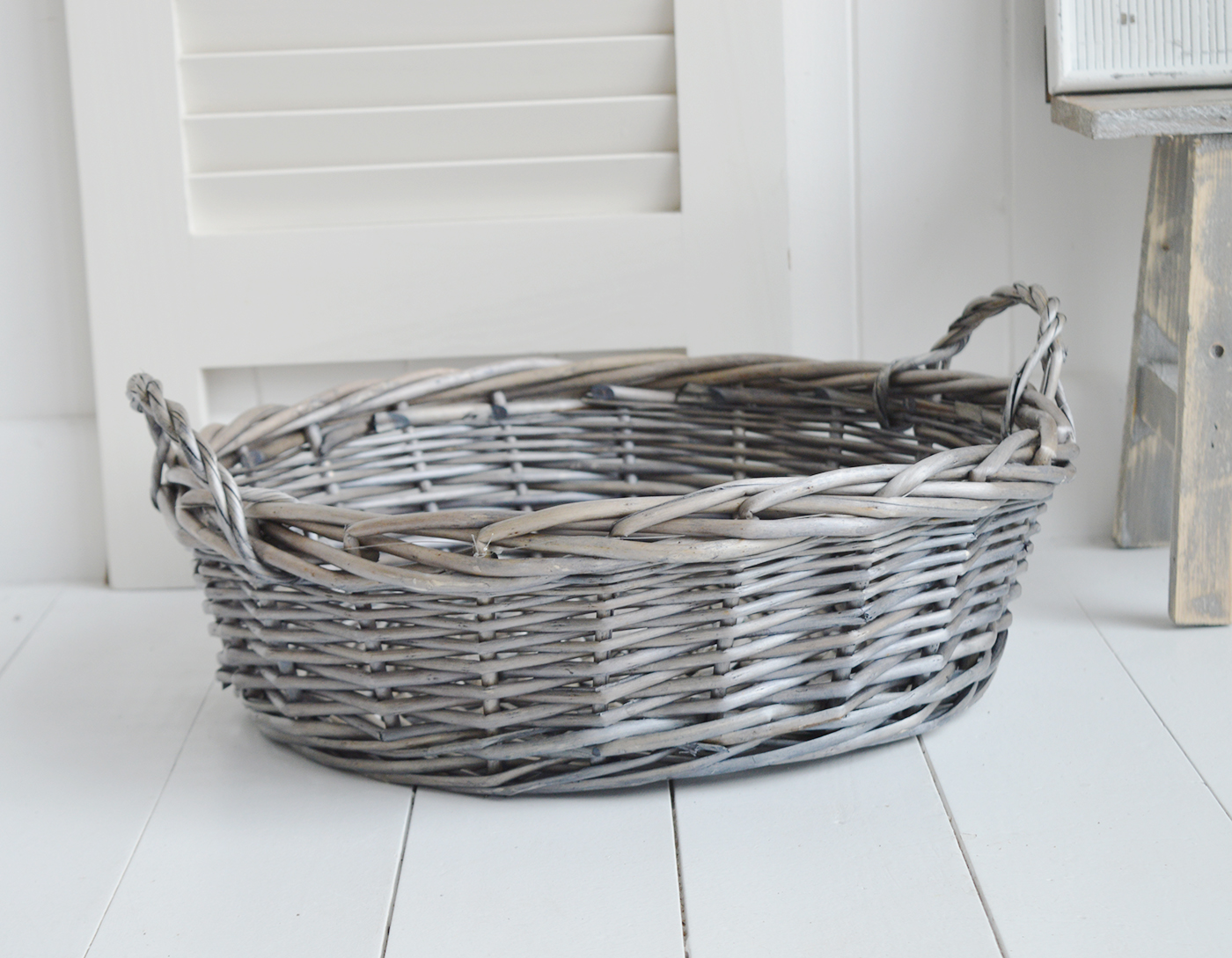 Harrow  large display tray basket from The White Lighthouse Furniture. New England, country, coastal, farmhouse city and whie home interiors. Hallway, Bedroom , Bathroom and living room
