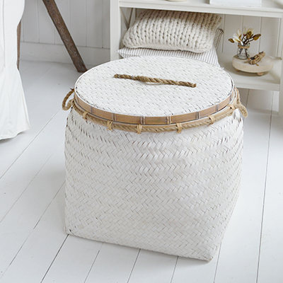 The rustic Nantucket white table basket with a lid ... coffee table, side table , laundry basket ...  such a versatile piece of coastal furniture which complements all our New England styles of interiors