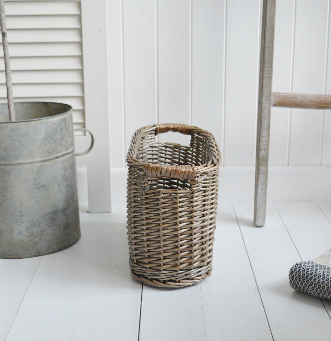 Harrow oval slim basket. Ideal Toilet roll storage or for throws beside the sofa from The White Lighthouse Furniture. New England, country, coastal, farmhouse city and whie home interiors. Hallway, Bedroom , Bathroom and living room