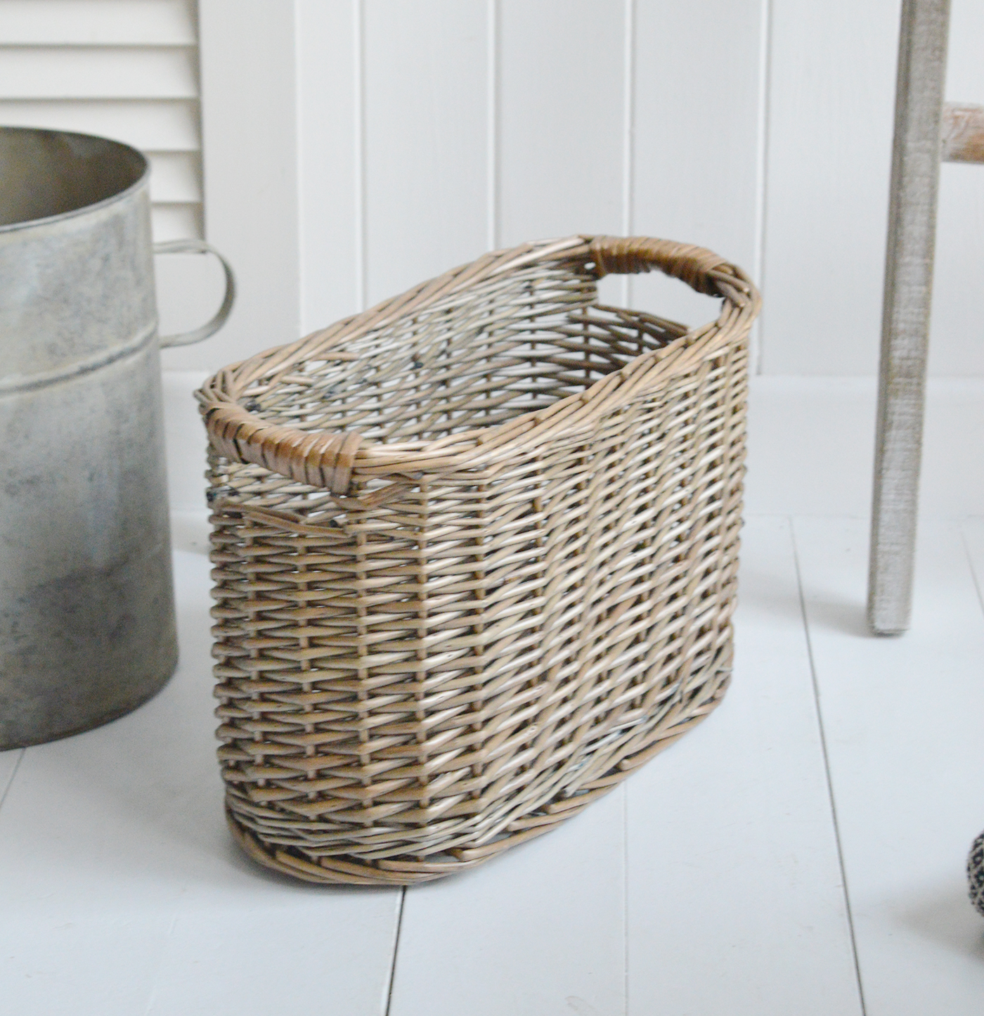 Harrow oval slim basket. Ideal Toilet roll storage or for throws beside the sofa from The White Lighthouse Furniture. New England, country, coastal, farmhouse city and whie home interiors. Hallway, Bedroom , Bathroom and living room