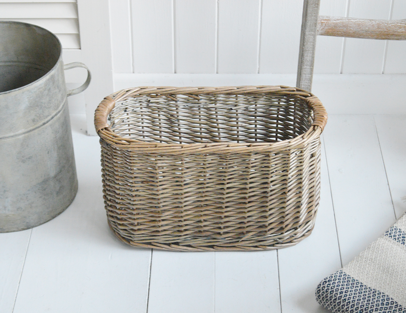 Harrow oval slim basket. Ideal Toilet roll storage or for throws beside the sofa from The White Lighthouse Furniture. New England, country, coastal, farmhouse city and whie home interiors. Hallway, Bedroom , Bathroom and living room
