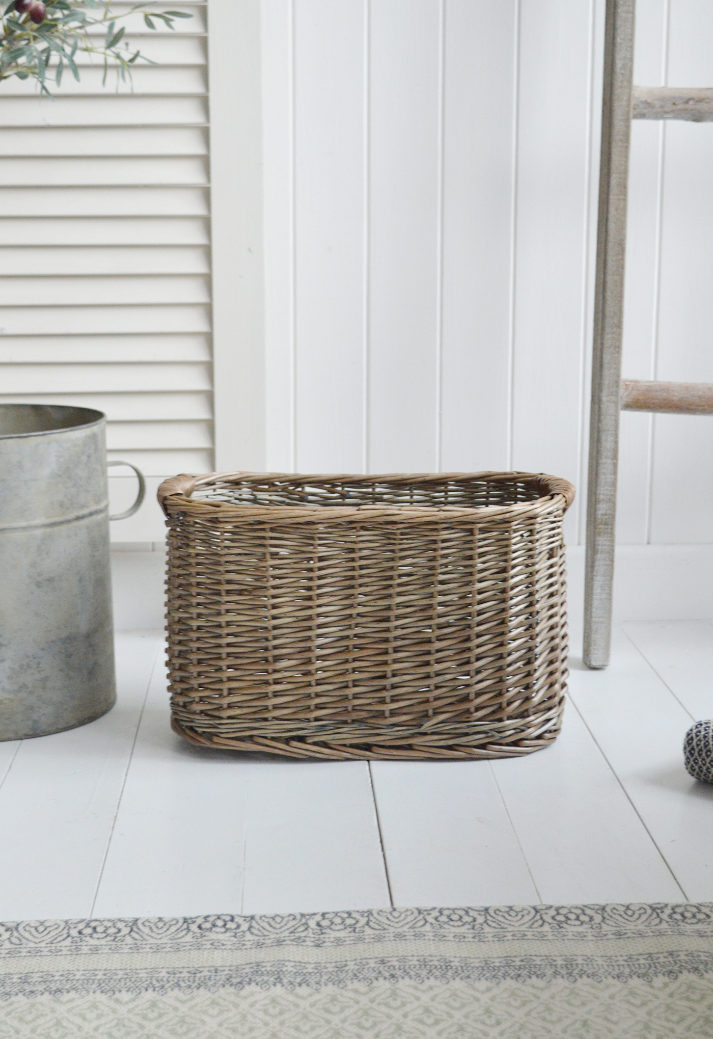 Harrow oval slim basket. Ideal Toilet roll storage or for throws beside the sofa from The White Lighthouse Furniture. New England, country, coastal, farmhouse city and whie home interiors. Hallway, Bedroom , Bathroom and living room